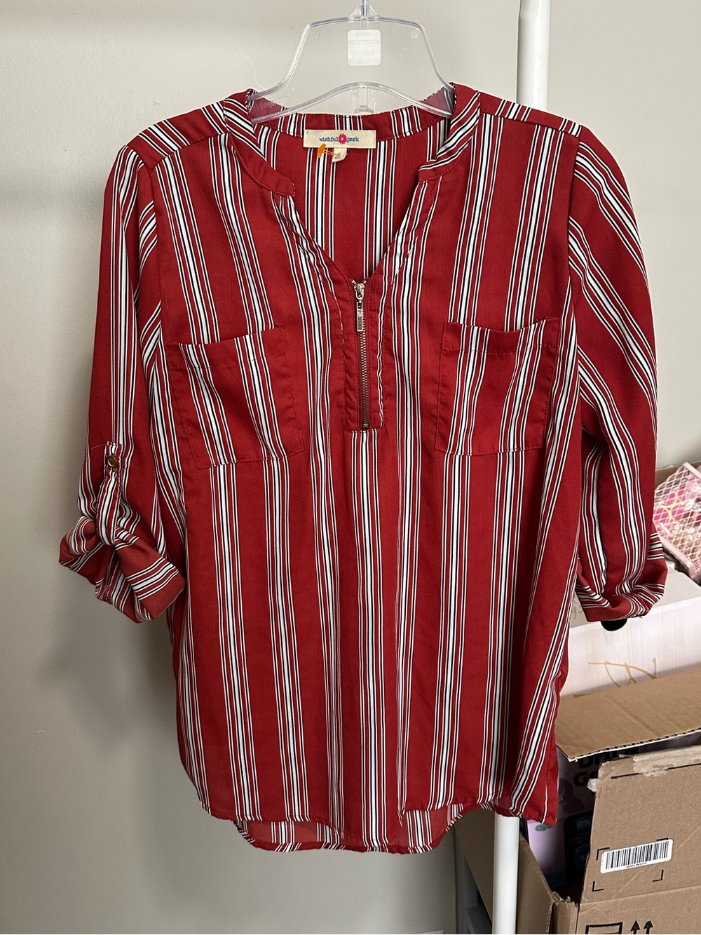 Red Black White Striped V Neck Blouse size medium